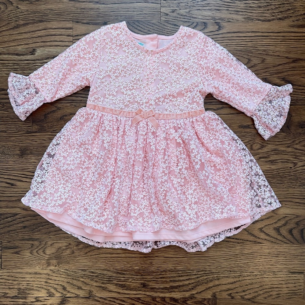 Nannette Baby Girls Pink Sparkly  Lace Dressy Dress Velvet Ribbon Accent 24 Mths